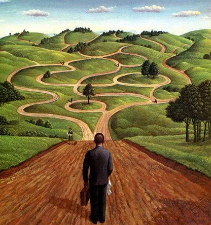Comprendre son destin à travers la notion de chemin de vie. Un homme est face à une route qui se divise en plusieurs chemins et options, ces derniers se rejoignent finalement car tout est destiné.